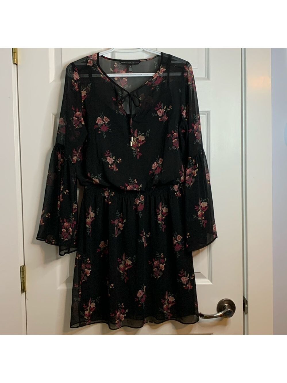 White House Black Market Black Floral Dress Bell Sleeve Pink Size Small Sheer - Picture 4 of 13
